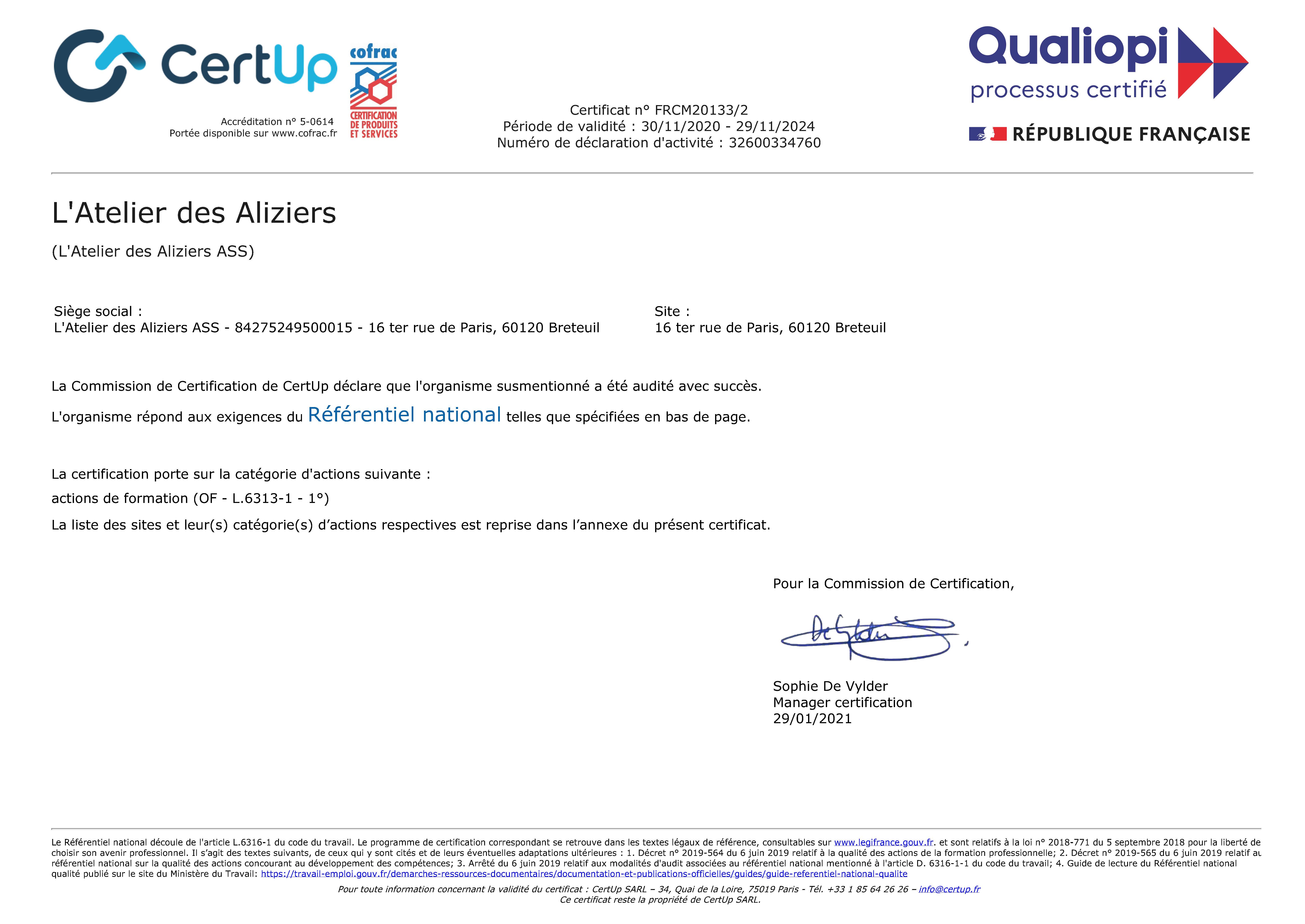 Certificat Qualiopi 2021 L Atelier des Aliziers Page 1