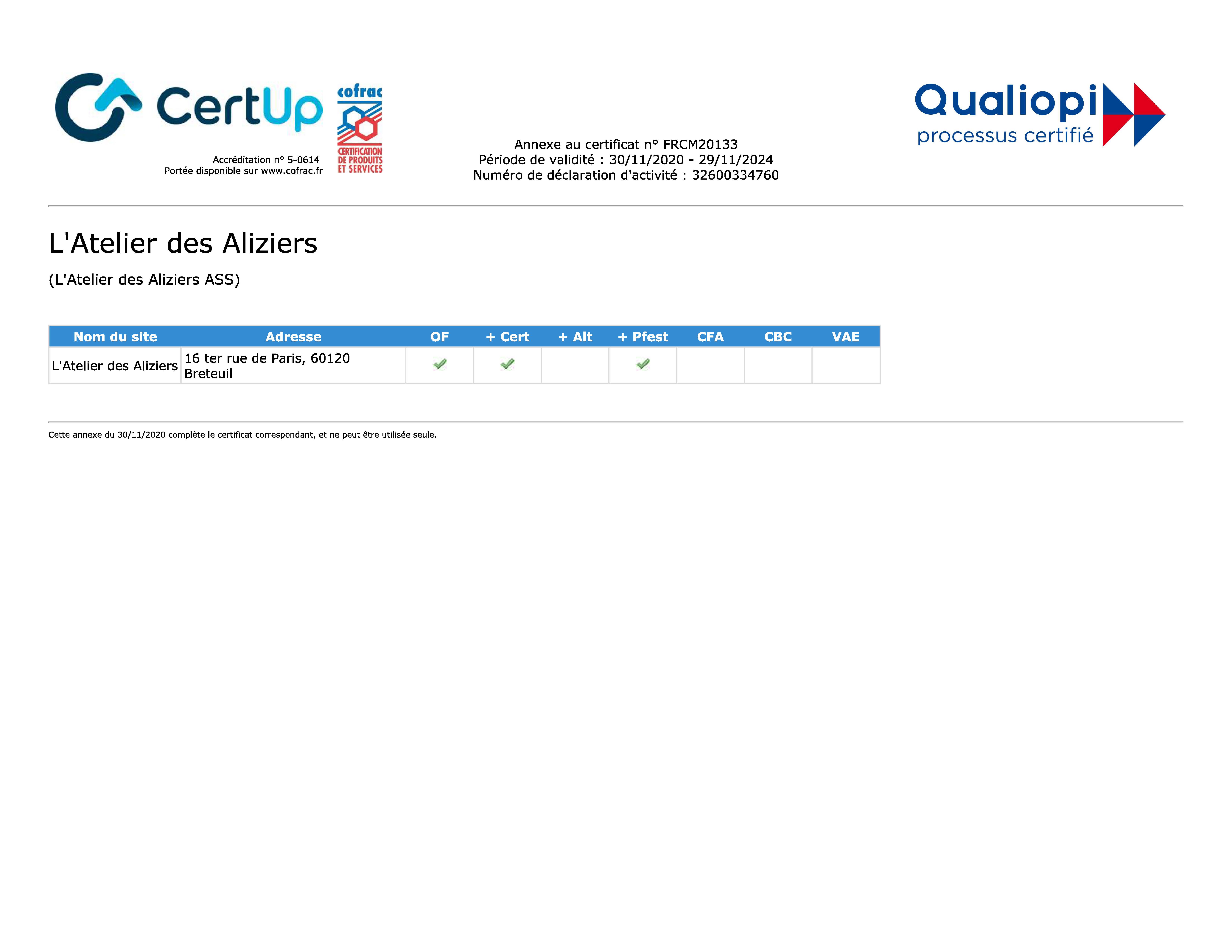 Certificat Qualiopi LAtelier des Aliziers Page 2